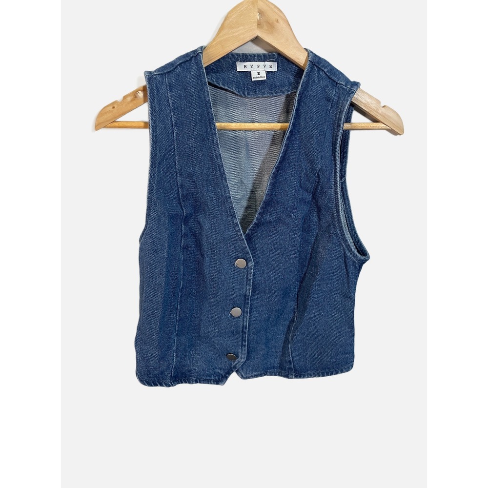 Hyfve Denim Vest Women Small Blue Button Front Cropped Y2K Boho Casual